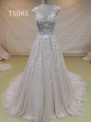 3D Flower Appliques V Neck and Deep V Back A Line Wedding Dress TN085