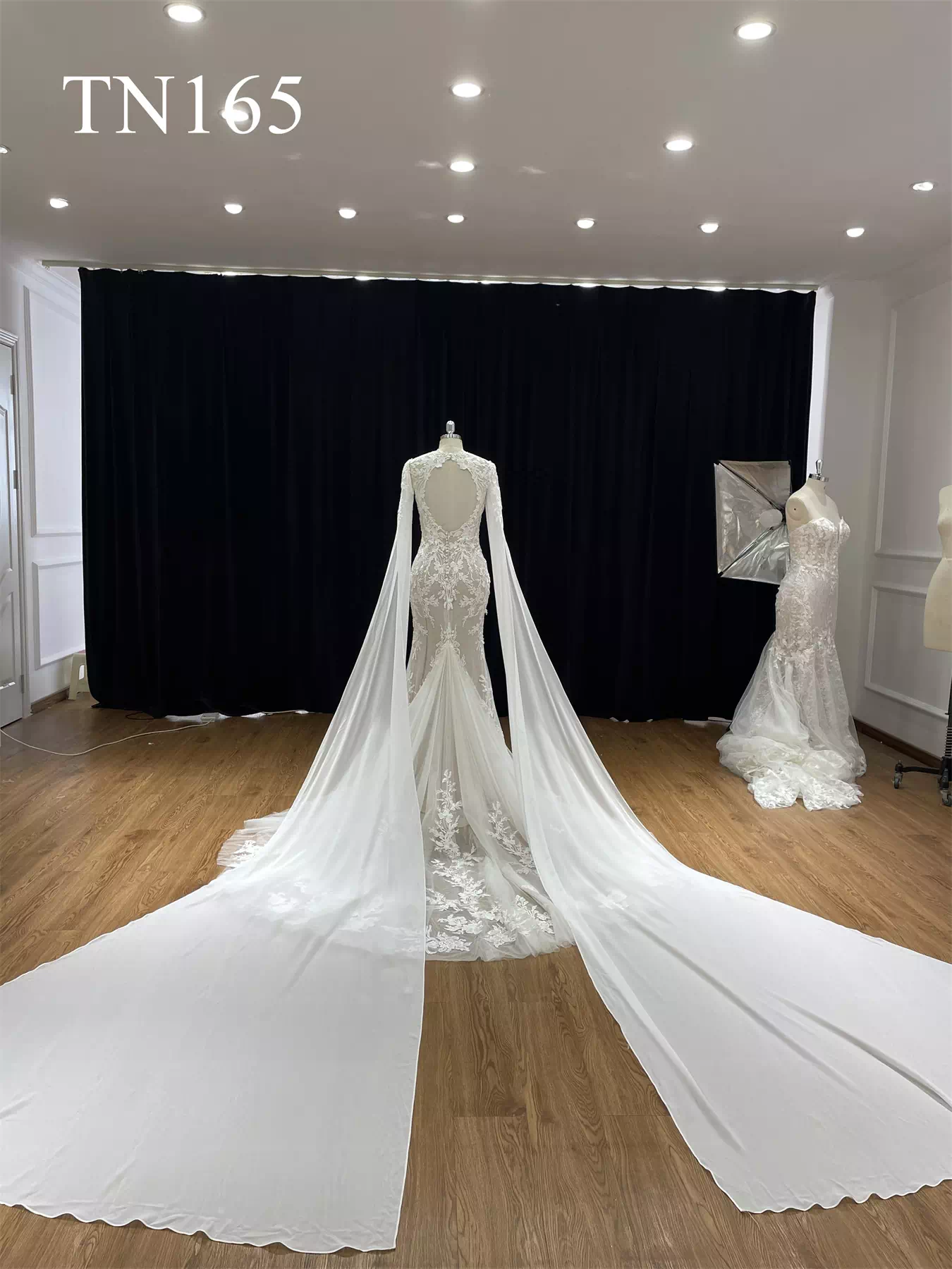 Detachable Long Sleeves Cape Oval Back Mermaid Dress TN165 - Image 2