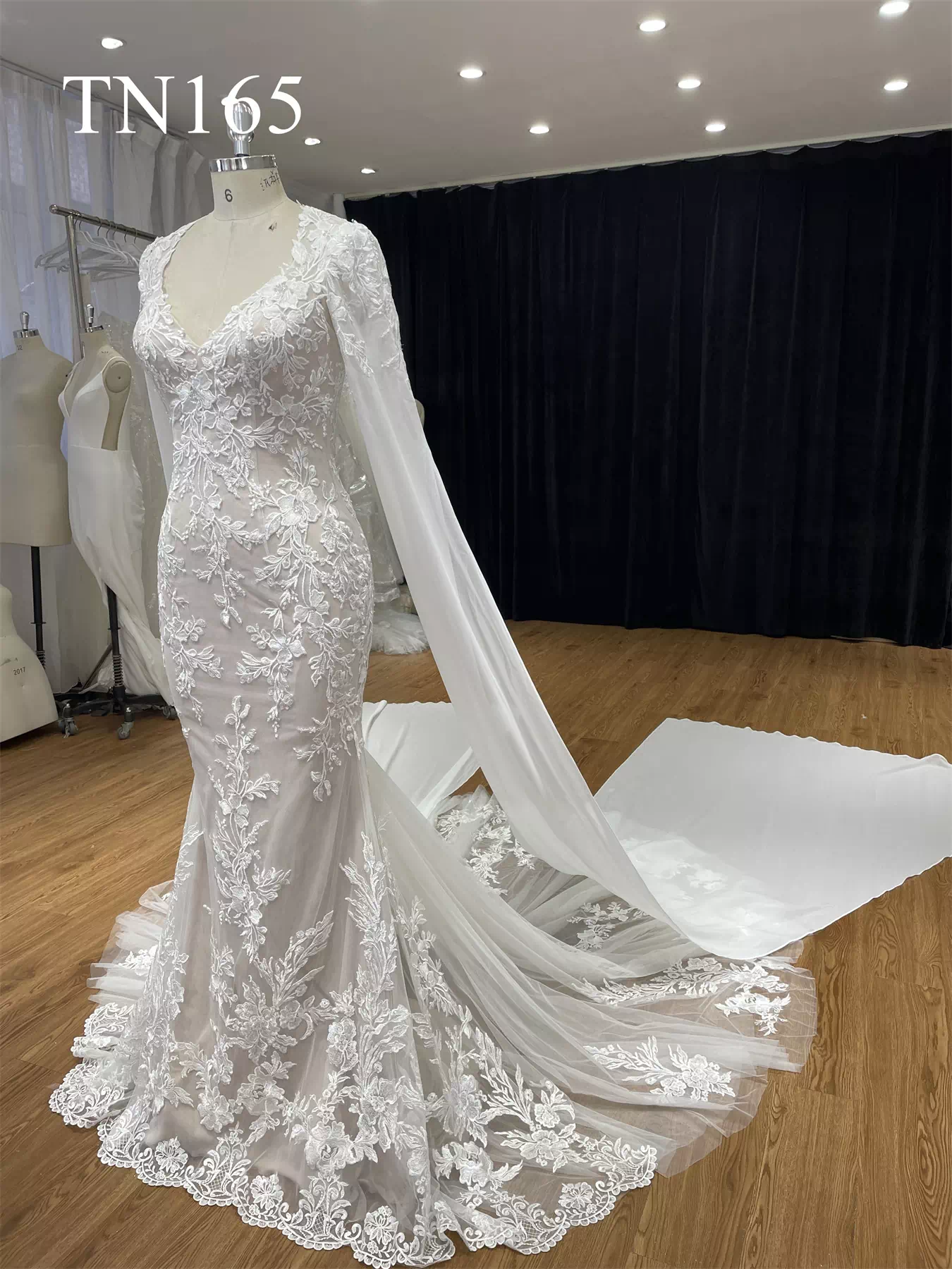 Detachable Long Sleeves Cape Oval Back Mermaid Dress TN165 - Image 3