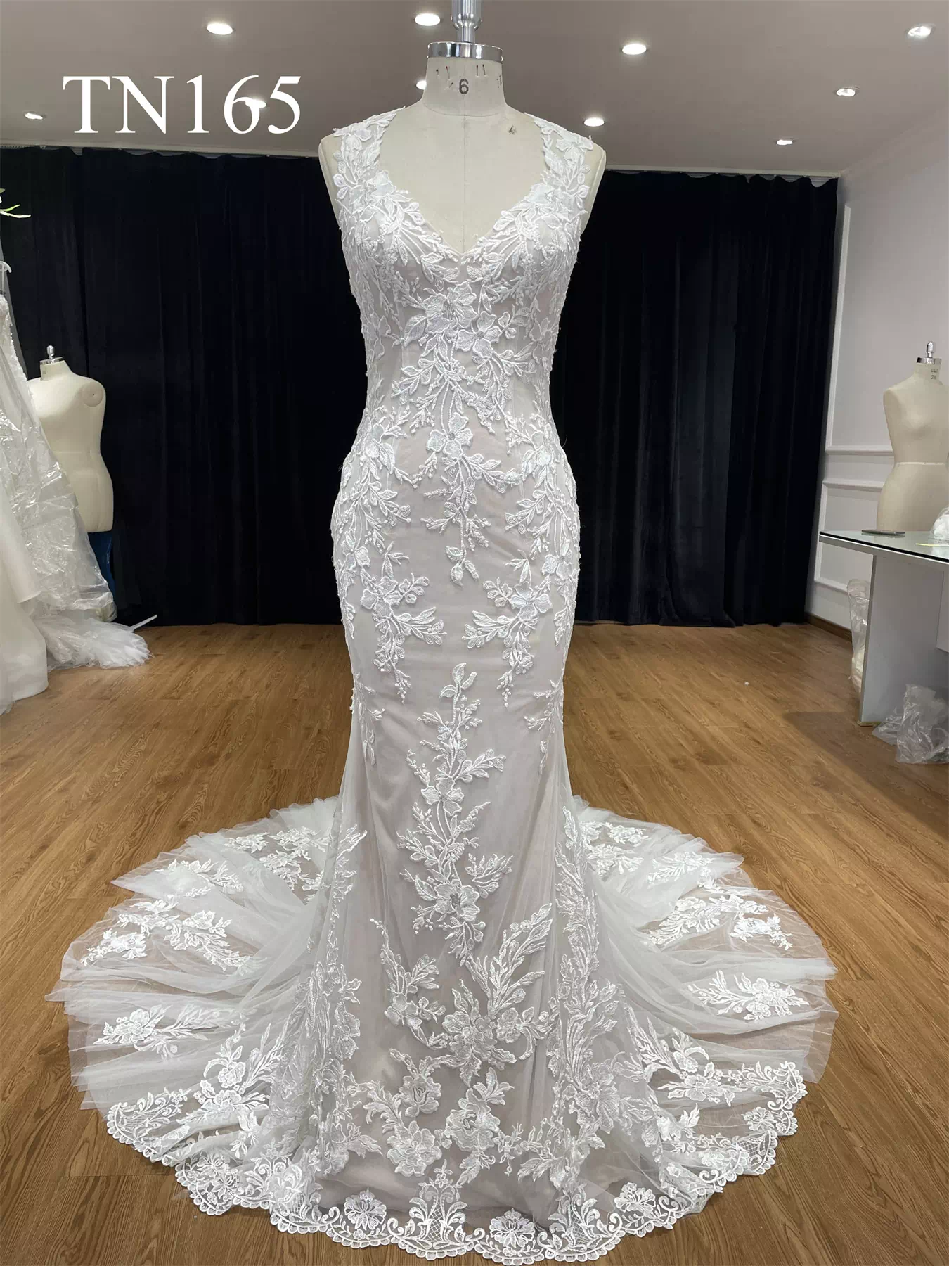 Detachable Long Sleeves Cape Oval Back Mermaid Dress TN165 - Image 4