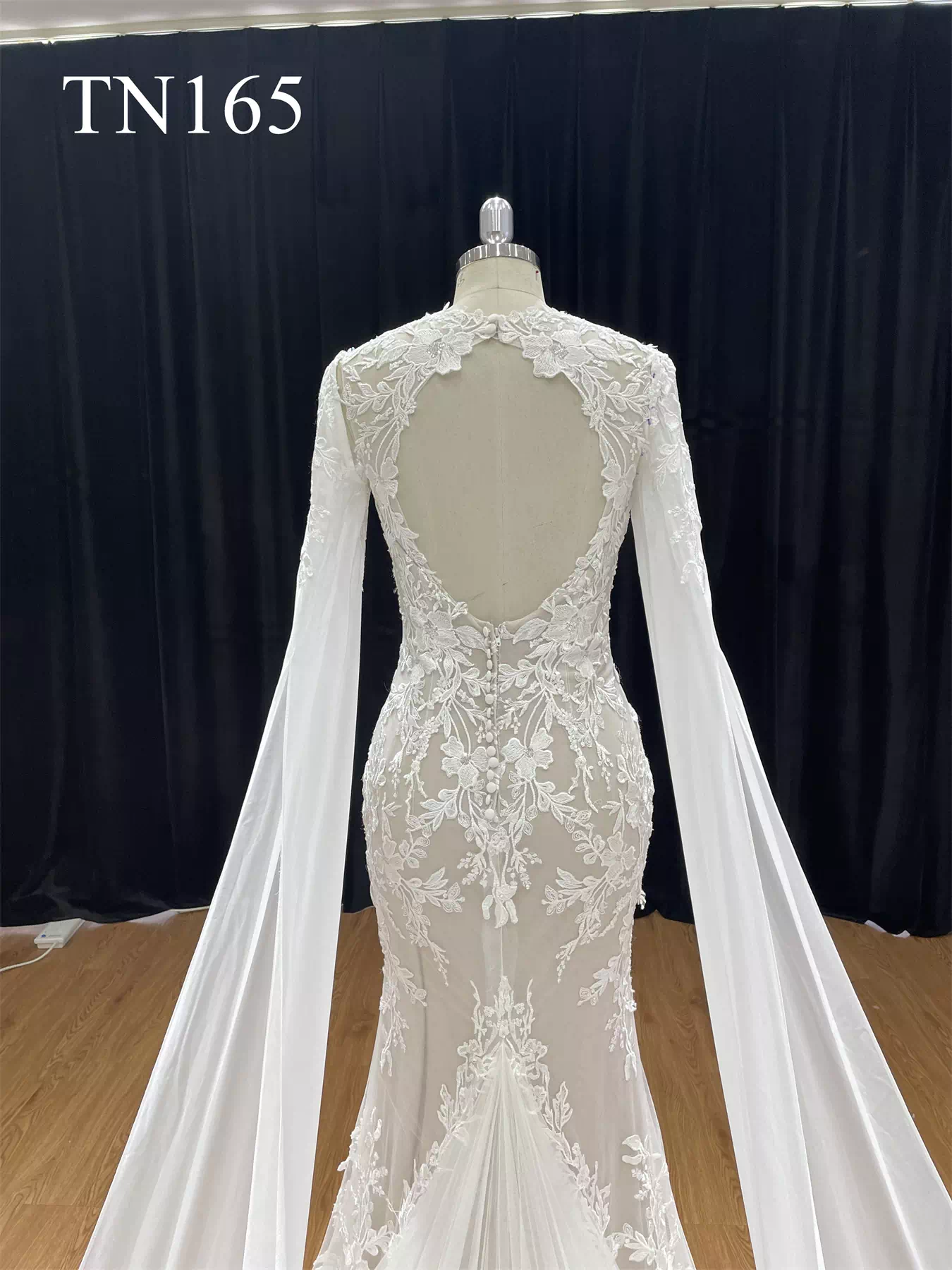 Detachable Long Sleeves Cape Oval Back Mermaid Dress TN165 - Image 9