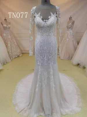 Long Sleeves Beautiful Appliques Back Button Mermaid Dress TN077