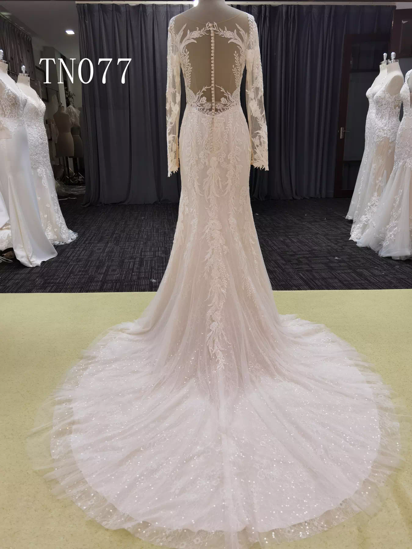 Long Sleeves Beautiful Appliques Back Button Mermaid Dress TN077 - Image 2