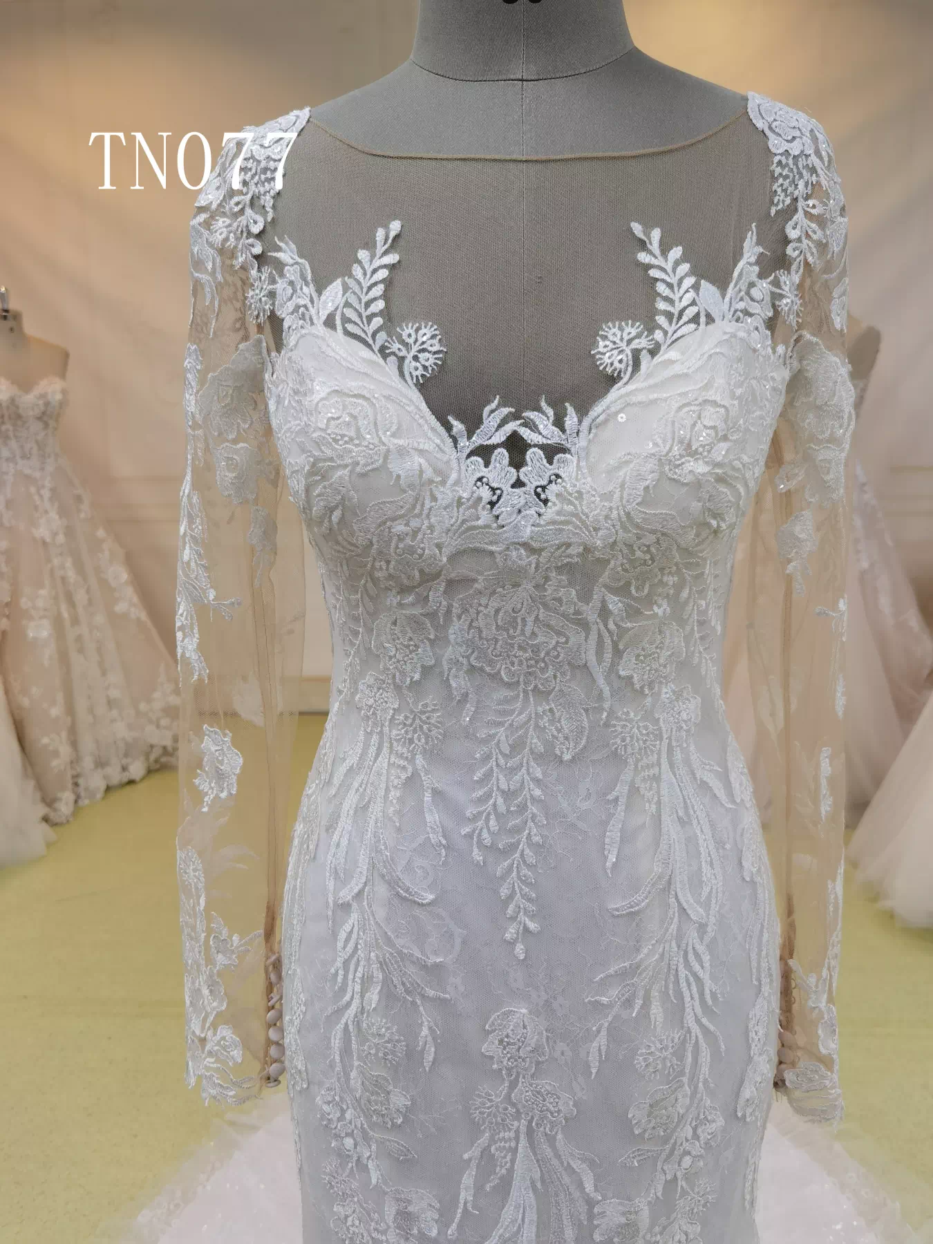 Long Sleeves Beautiful Appliques Back Button Mermaid Dress TN077 - Image 3