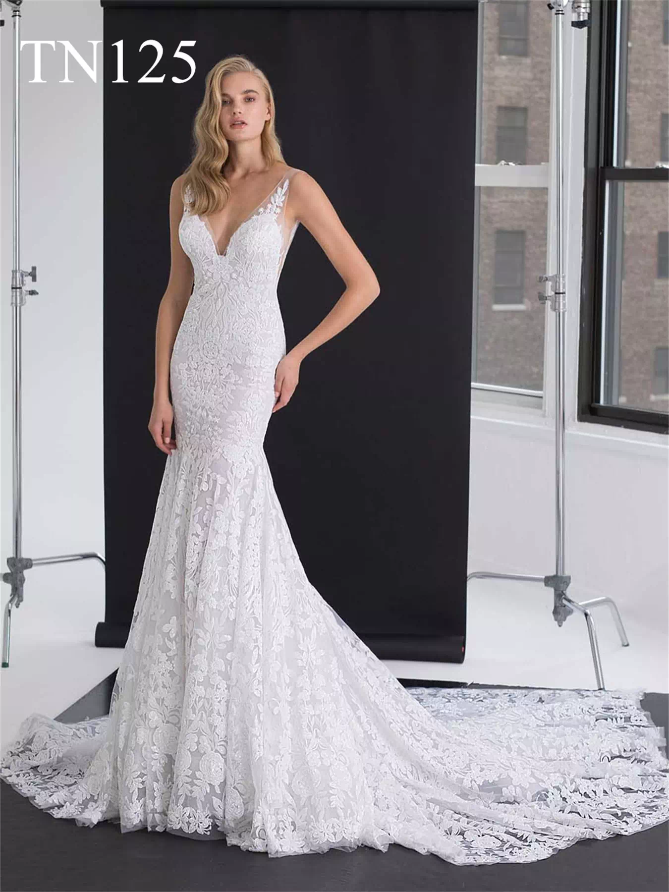 Luxurious Sequin V Neck Low Back Mermaid Wedding Dress TN125