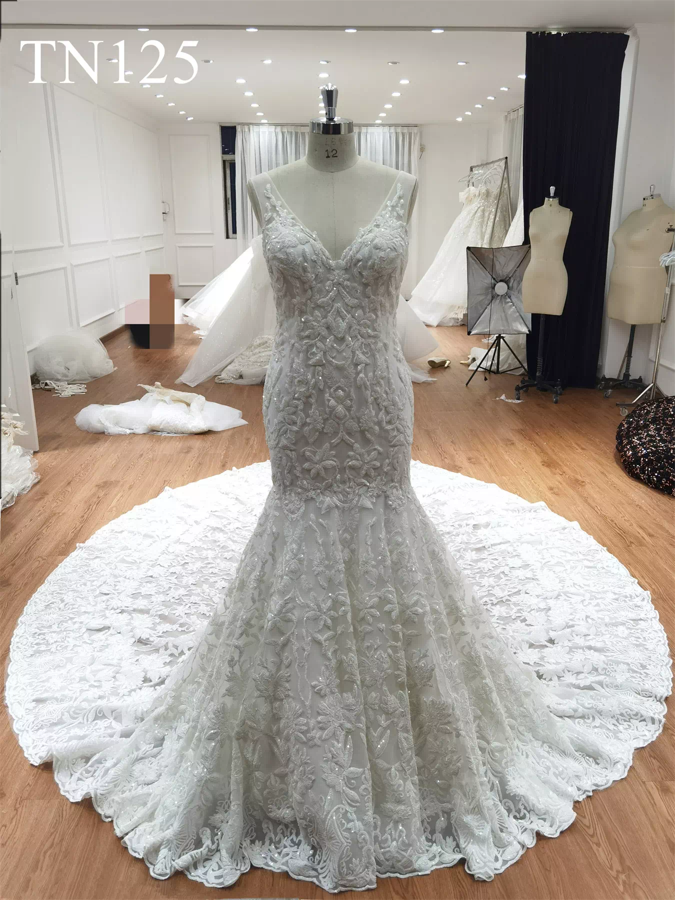 Luxurious Sequin V Neck Low Back Mermaid Wedding Dress TN125 - Image 3