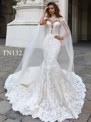 Luxury Lace Applique with Cape 2 in 1 Mermaid Dress TN132