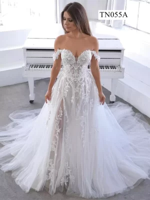 Off Shoulder Half Backless and Sweetheart Neck A Line Wedding Dress TN055A