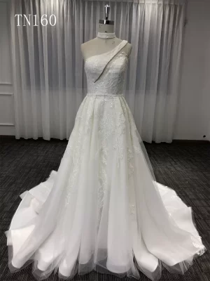 One Shoulder Tea Length Skirt and Overskirt Wedding Dress TN160