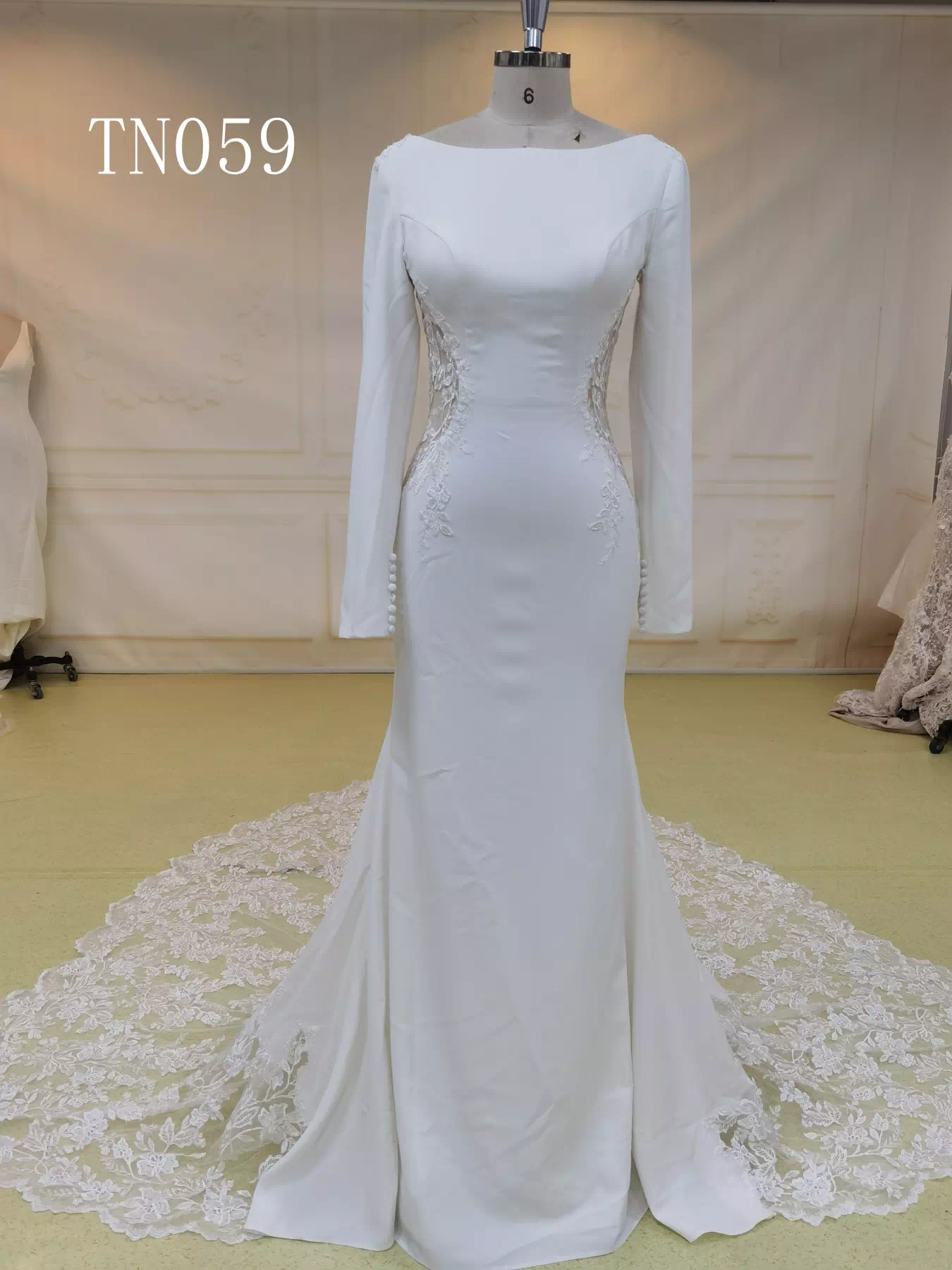 Plain Satin Megan Court Train Long Sleeves Open V Back with Boat Neckline Bridal Dress TN059 - Image 2