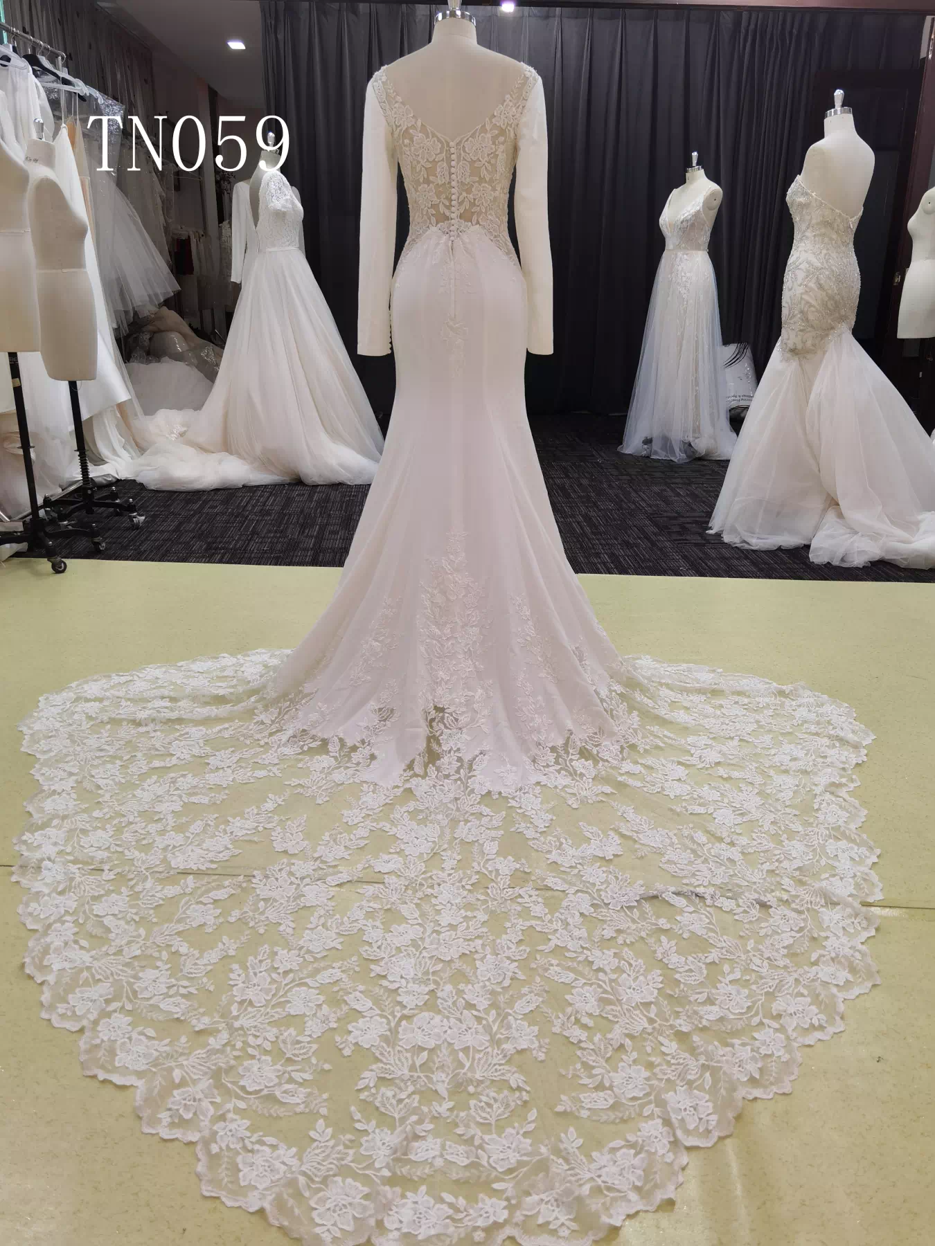 Plain Satin Megan Court Train Long Sleeves Open V Back with Boat Neckline Bridal Dress TN059 - Image 3