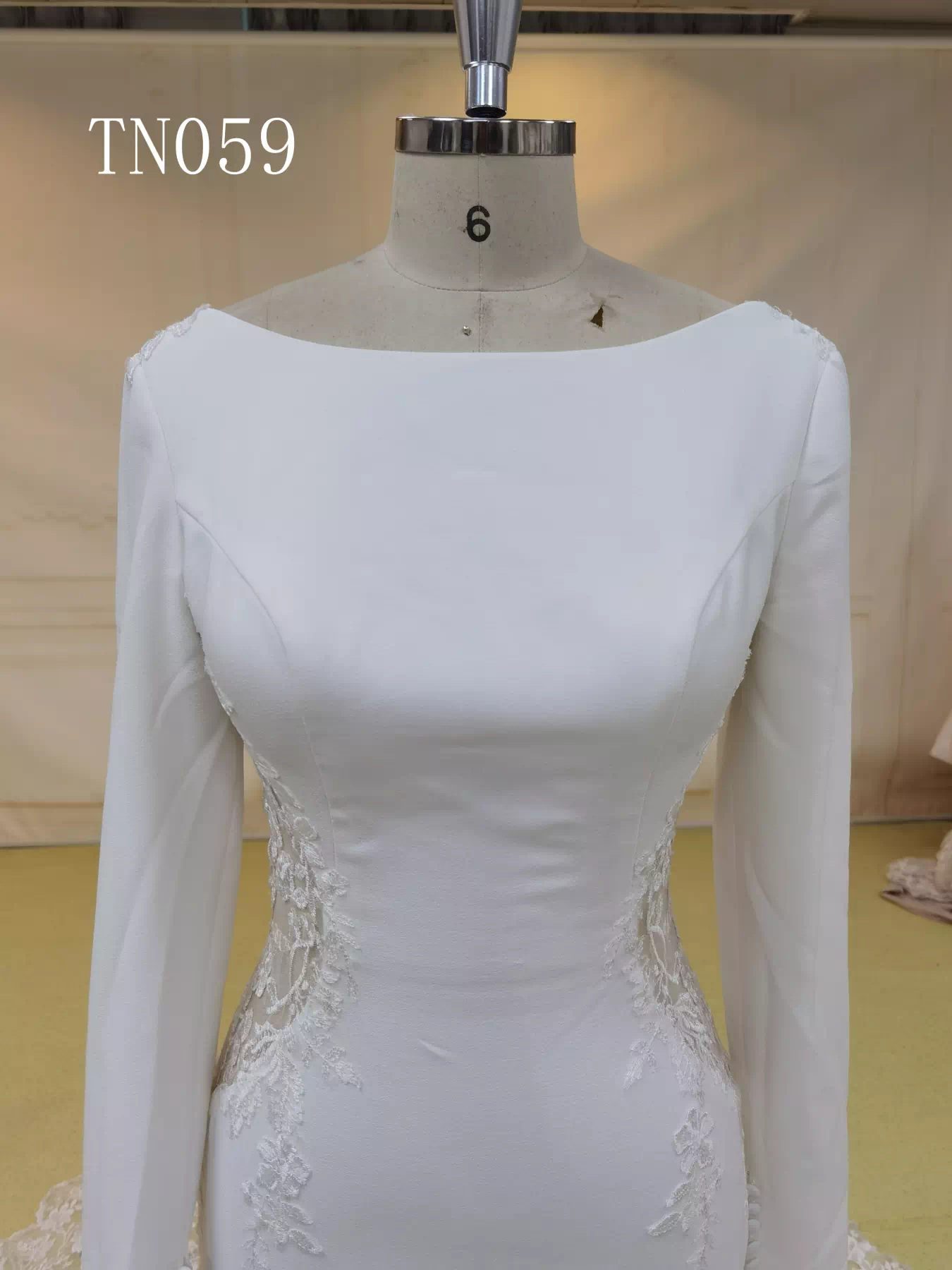 Plain Satin Megan Court Train Long Sleeves Open V Back with Boat Neckline Bridal Dress TN059 - Image 4