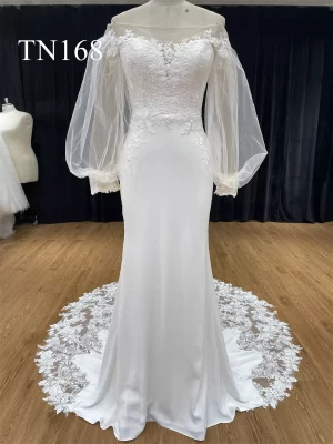 Puffy Long Sleeves Satin Mermaid Wedding Dress TN168