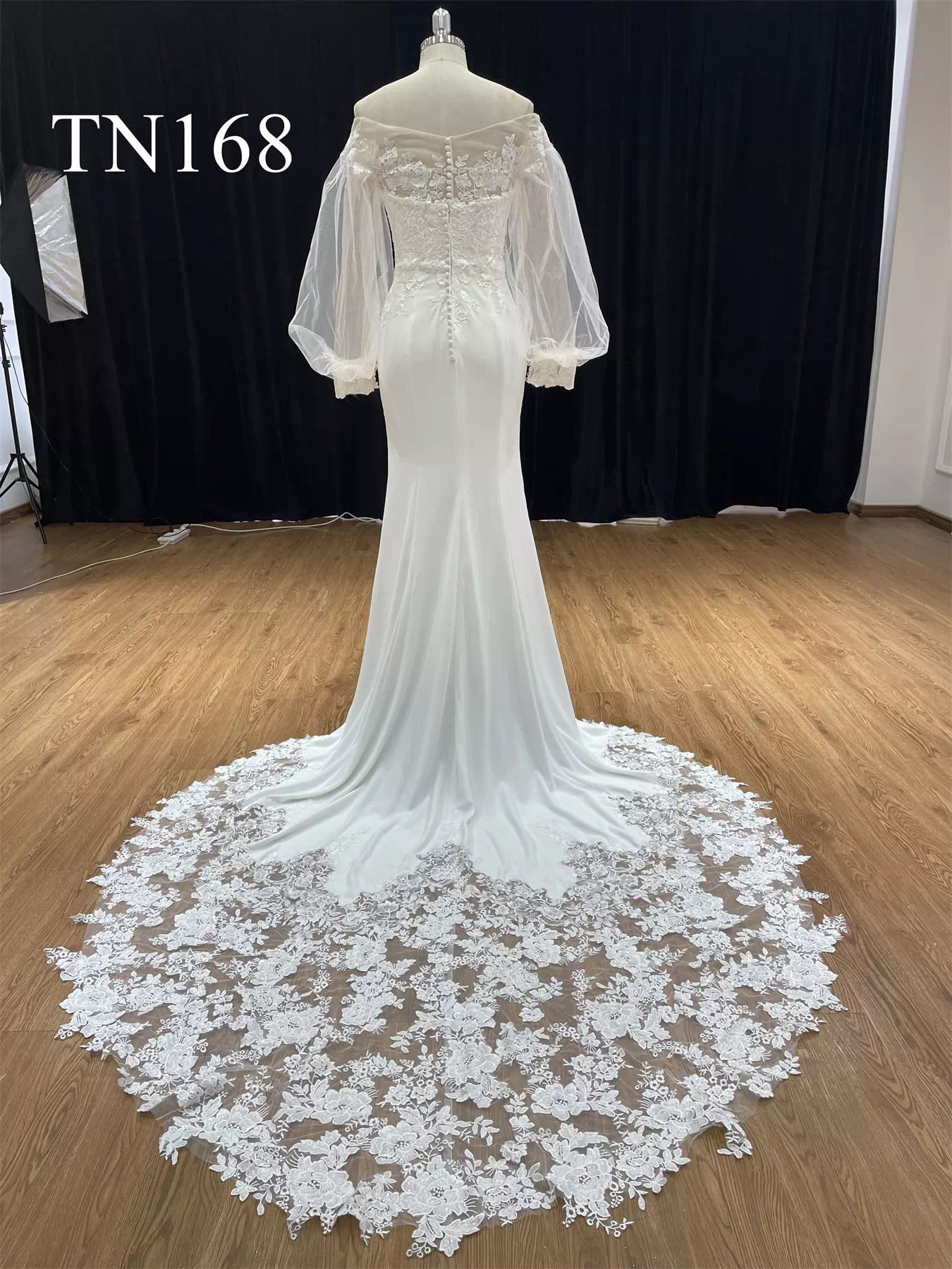 Puffy Long Sleeves Satin Mermaid Wedding Dress TN168 - Image 2