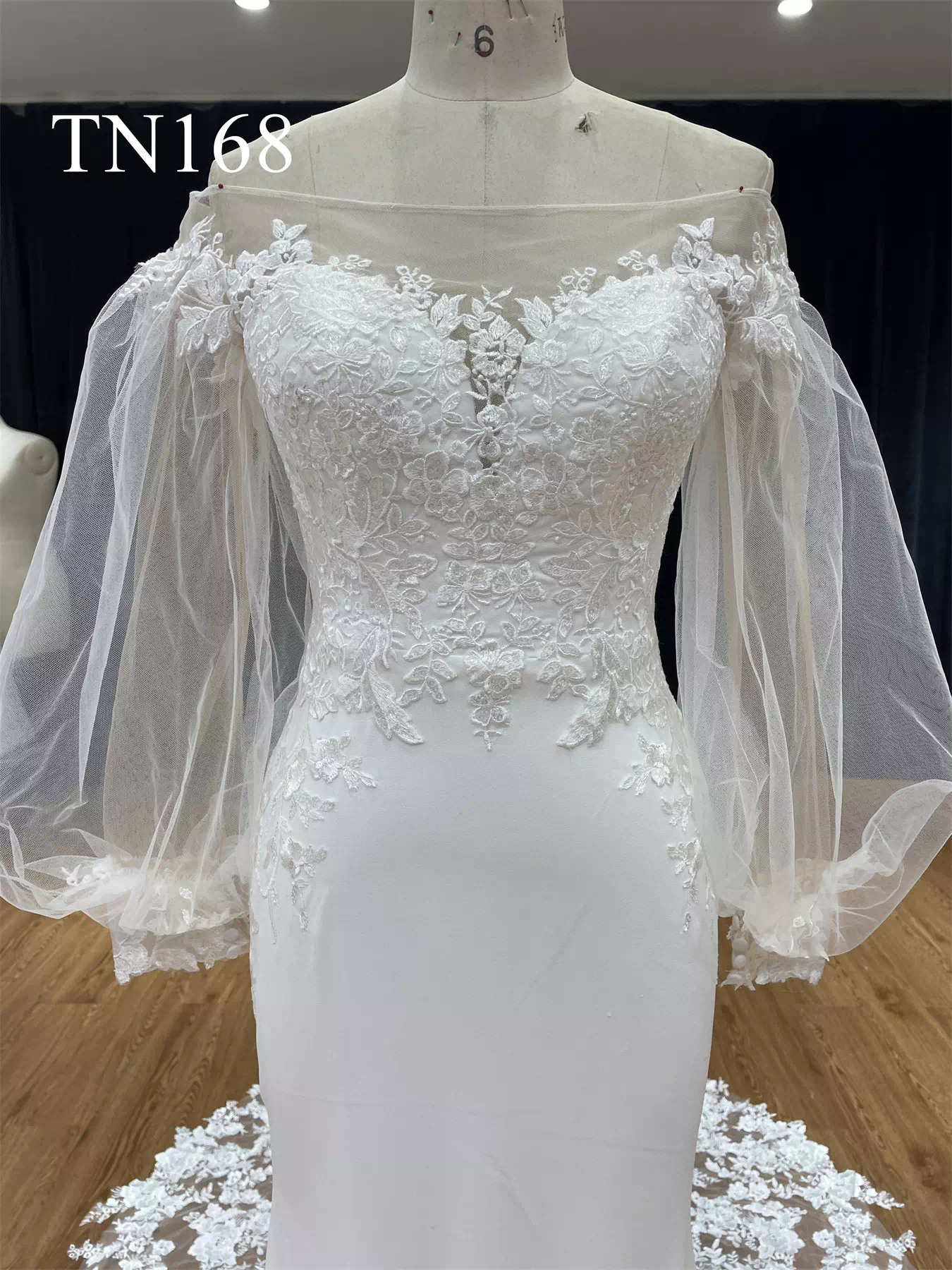 Puffy Long Sleeves Satin Mermaid Wedding Dress TN168 - Image 3