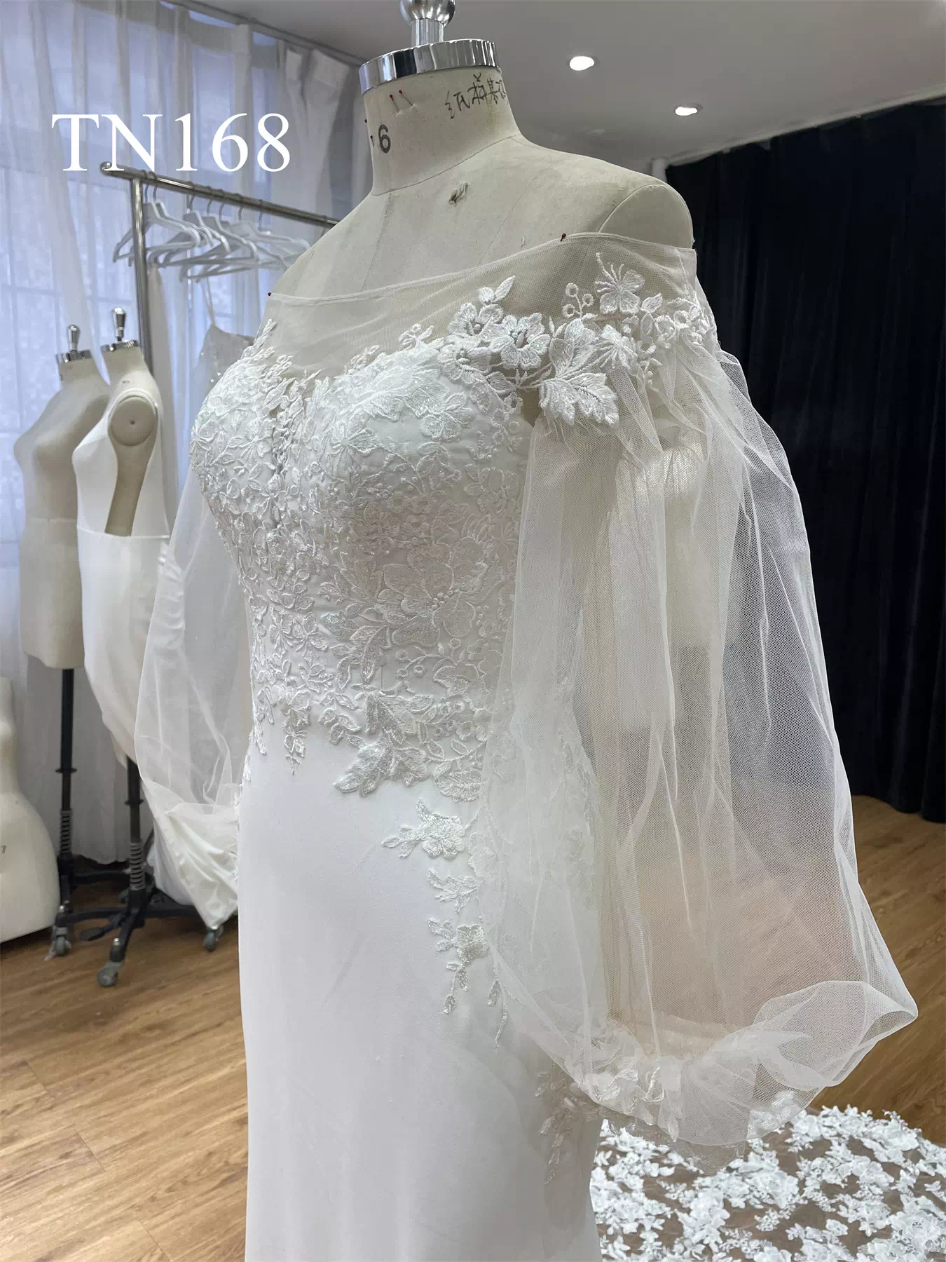 Puffy Long Sleeves Satin Mermaid Wedding Dress TN168 - Image 5