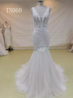 Sleeveless Appliqued Deep V Neckline and Deep V Back Mermaid Dress TN060