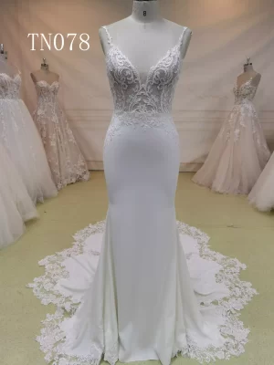 Spaghetti Strap Appliques Satin V Neck Mermaid Wedding Dress TN078