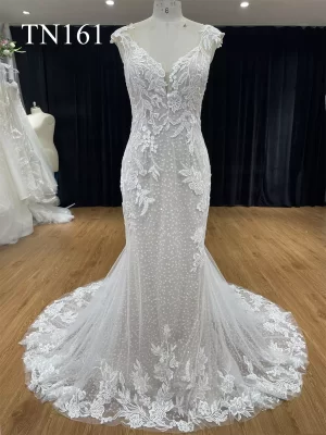 Capped Sleeve Sparkling Tulle Big Floral Mermaid Dress TN161