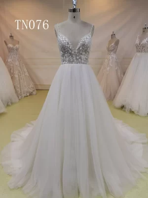 Double Beaded Strap V Neck and Deep V Back Wedding Dress TN076