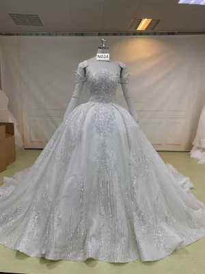 Off Shoulder Heavy Beaded Wedding Gown N024