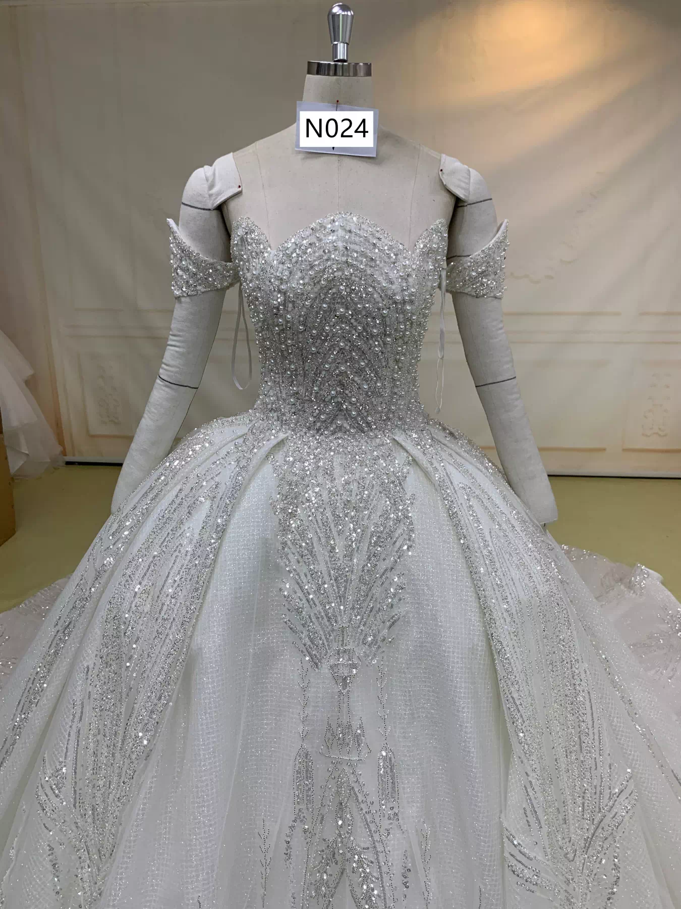 Off Shoulder Heavy Beaded Wedding Gown N024 - Image 3
