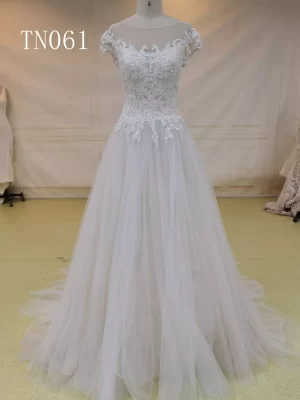 Simple White Short Sleeves Jewel Lace And Tulle Bridal Gown TN061