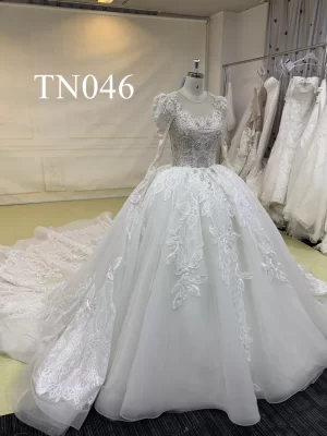 Long Sleeves Sequins Lace Dimensional Flowers Bridal Dress TN046