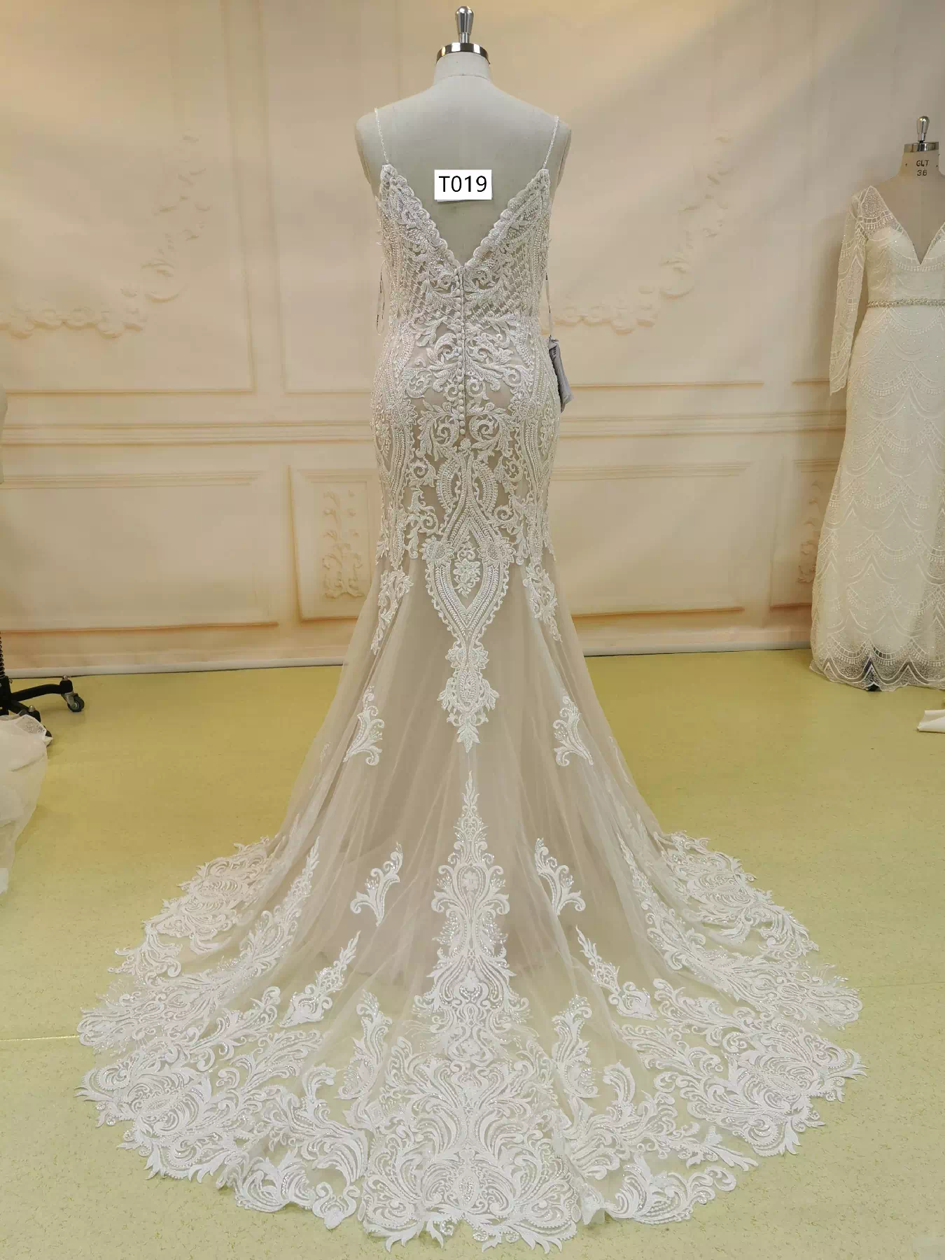 Spaghetti Straps Plunge Neckline Lace Wedding Dress T019 - Image 2