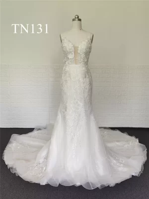 3D Flower Lace Applique Deep Plunge Mermaid Dress TN131