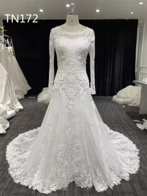 Boat Neckline Long Sleeves Mermaid Wedding Dress TN172