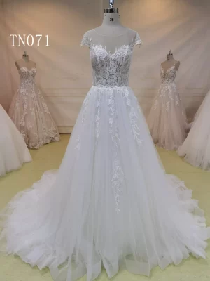 Champagne Lace Cap Sleeve Back Button Wedding Dress TN071