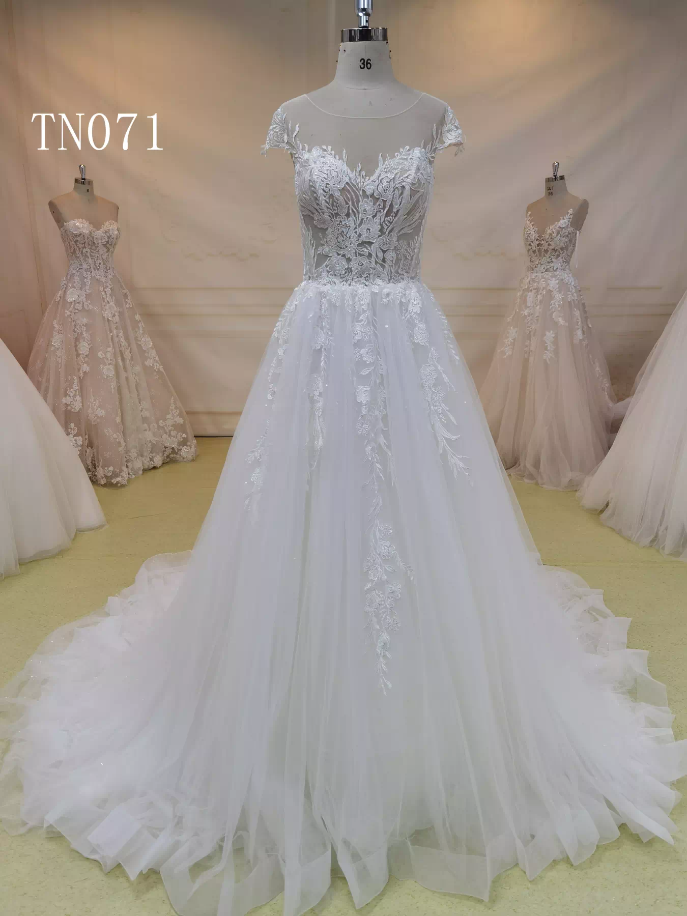 Champagne Lace Cap Sleeve Back Button Wedding Dress TN071