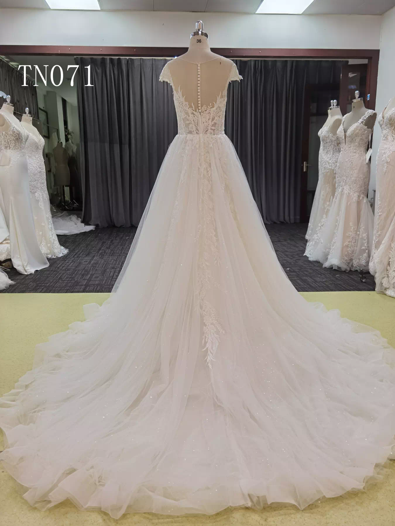 Champagne Lace Cap Sleeve Back Button Wedding Dress TN071 - Image 2