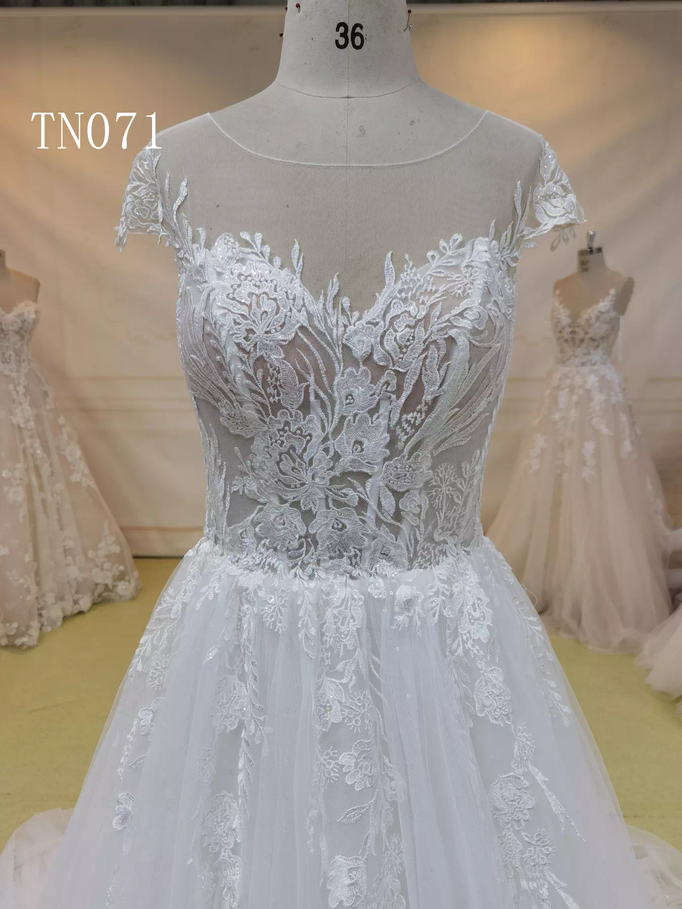 Champagne Lace Cap Sleeve Back Button Wedding Dress TN071 - Image 3