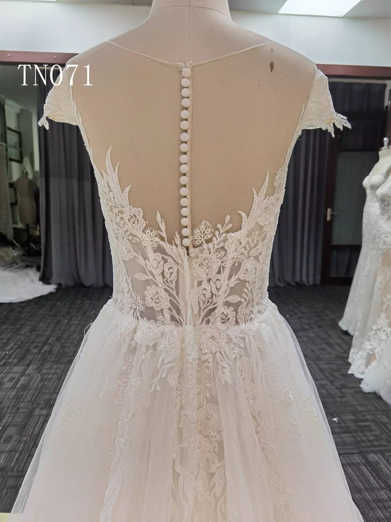 Champagne Lace Cap Sleeve Back Button Wedding Dress TN071 - Image 4