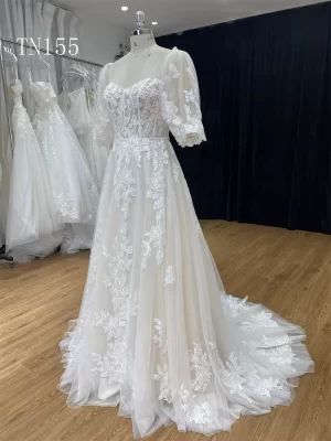 Detachable Puffy Sleeve Big Flora Lace Sweetheart Neckline Dress TN155