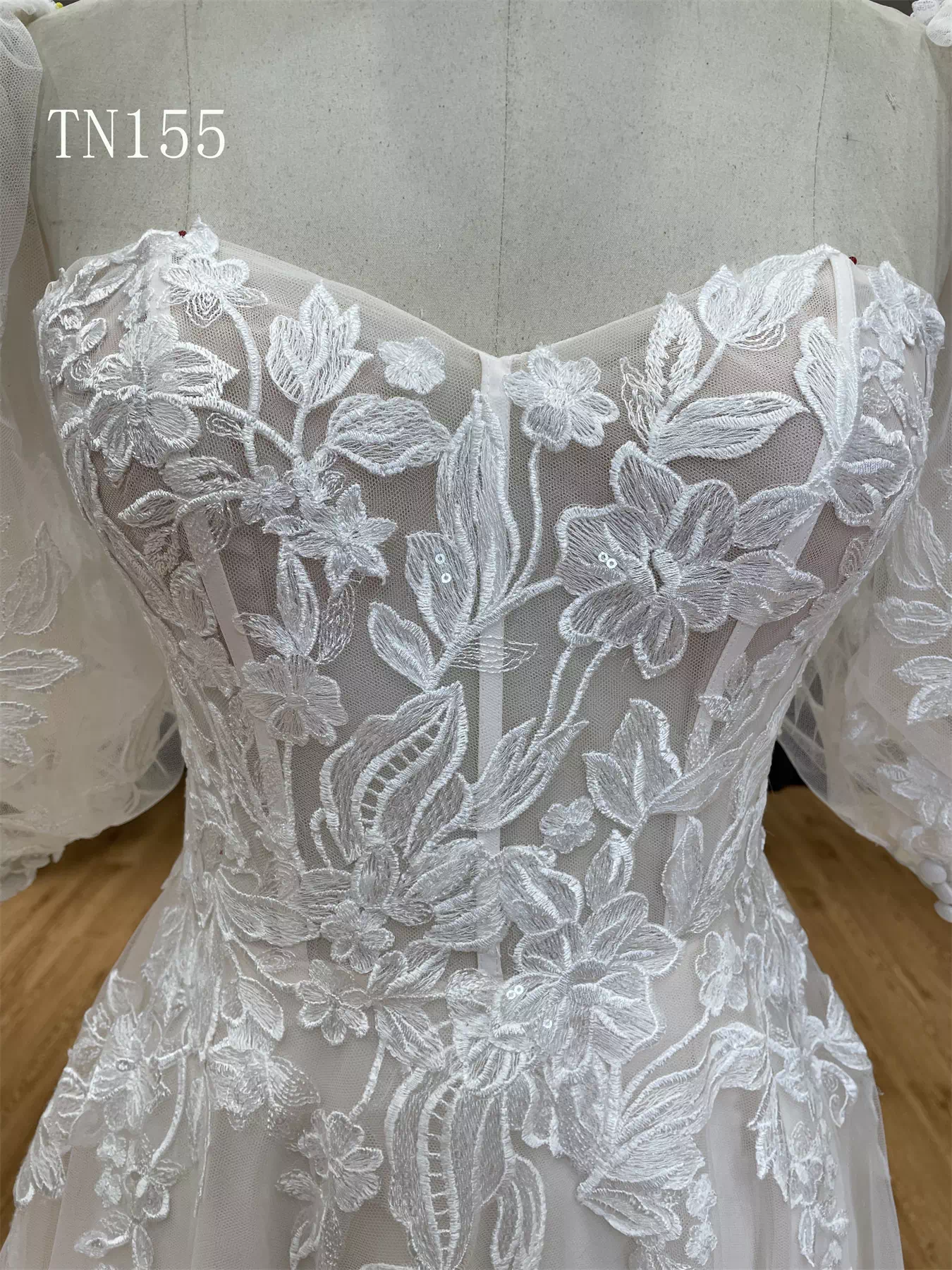 Detachable Puffy Sleeve Big Flora Lace Sweetheart Neckline Dress TN155 - Image 7