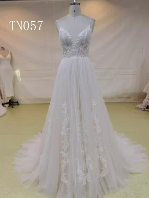 Sexy Deep V Neck Open Back and Spaghetti Strap Wedding Dress TN057