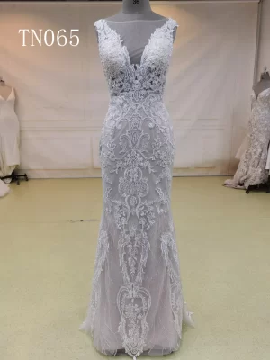 Sexy Flower Deep V Neck and Open V Back Brush Train Sleeveless Wedding Gown TN065
