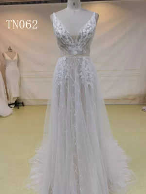 Sleeveless Glitter Sequins Deep V Cut and Open Back Bridal Dress TN062