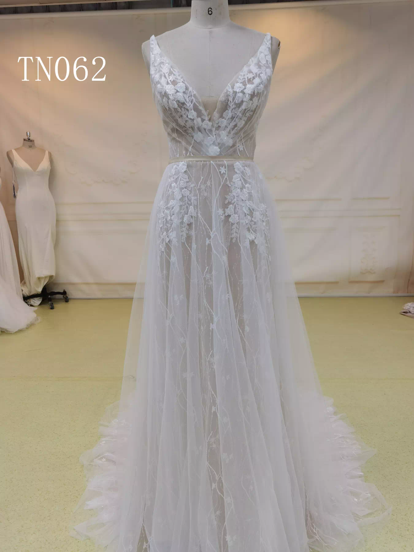 Sleeveless Glitter Sequins Deep V Cut and Open Back Bridal Dress TN062