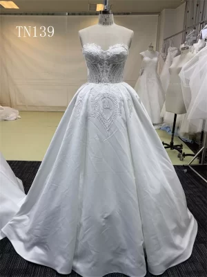 Sweetheart Neckline Lace Bodice Satin Skirt Ballgown Dress TN139