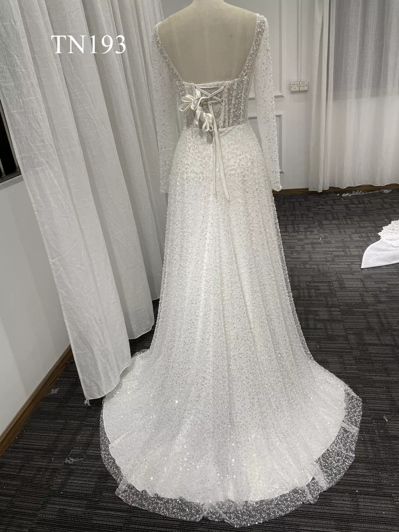 Sparkling Sequin Tulle Long Sleeve A Line Dress TN193 - Image 2