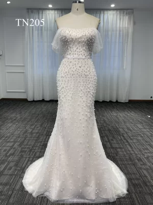 Simple Beaded Tulle Off Shoulder Mermaid Dress TN205